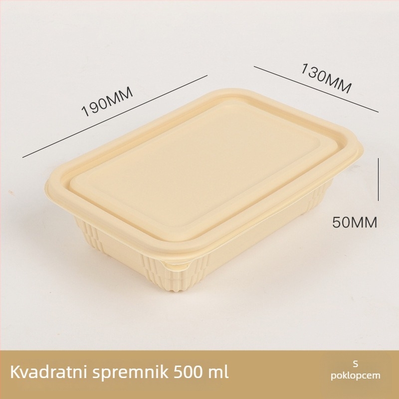 Jednokratna zdjela za hranu od kukuričinog škroba, biološki razgradiva, s poklopcem, kružnog oblika s kariranim uzorkom, debela za ponijeti obrok.