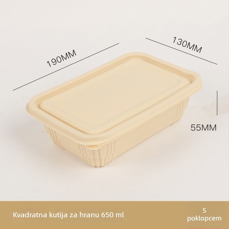 Jednokratna zdjela za hranu od kukuričinog škroba, biološki razgradiva, s poklopcem, kružnog oblika s kariranim uzorkom, debela za ponijeti obrok.