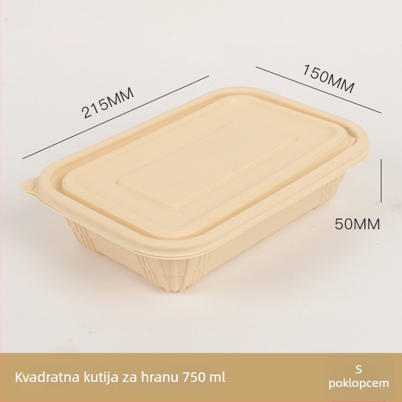 Jednokratna zdjela za hranu od kukuričinog škroba, biološki razgradiva, s poklopcem, kružnog oblika s kariranim uzorkom, debela za ponijeti obrok.