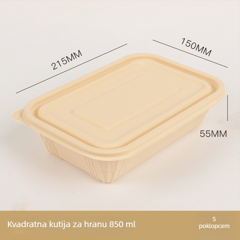 Jednokratna zdjela za hranu od kukuričinog škroba, biološki razgradiva, s poklopcem, kružnog oblika s kariranim uzorkom, debela za ponijeti obrok.