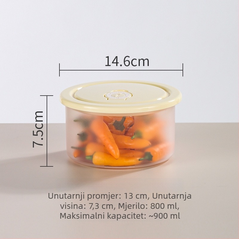 Kružna plastična posuda za hranu s poklopcem, pogodna za mikrovalnu pećnicu i hladnjak.