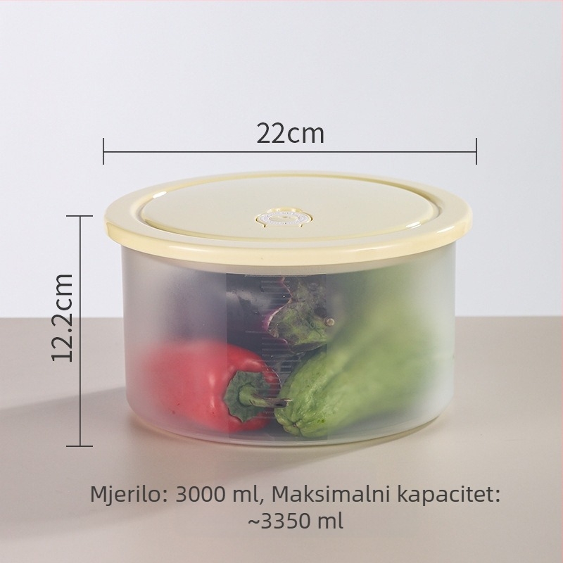 Kružna plastična posuda za hranu s poklopcem, pogodna za mikrovalnu pećnicu i hladnjak.
