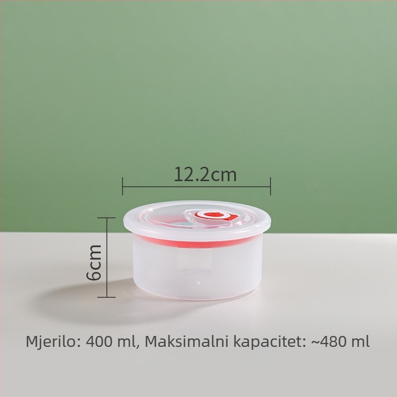 Kružna plastična posuda za hranu s poklopcem, pogodna za mikrovalnu pećnicu i hladnjak.