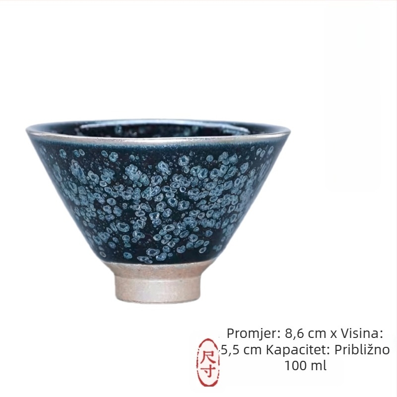 Tenmoku čajna šalica s crnom glazurom i srebrnim mrljama, tijelo od željeza, uski otvor