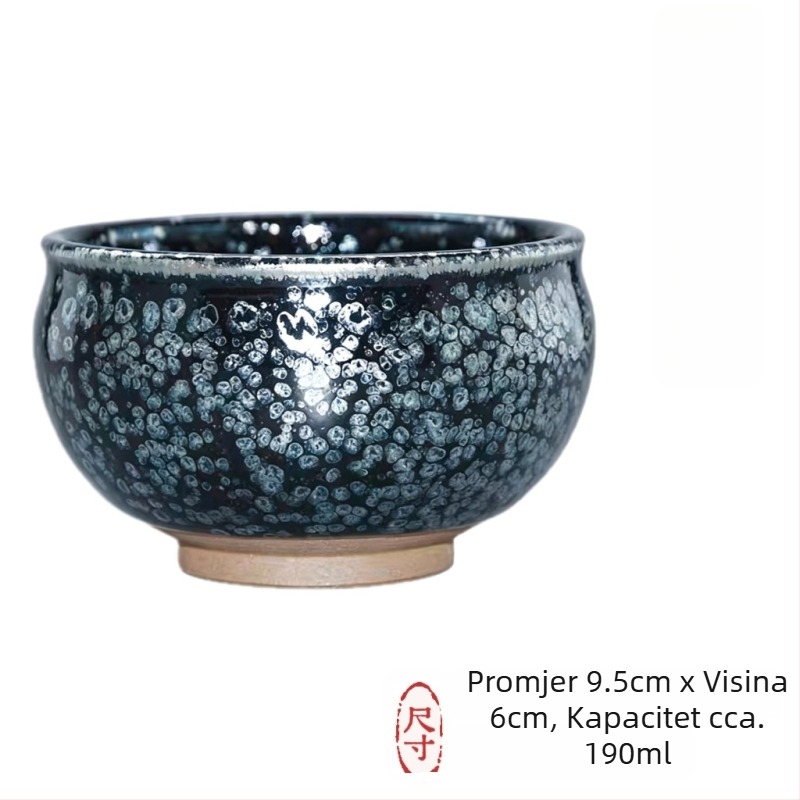 Tenmoku čajna šalica s crnom glazurom i srebrnim mrljama, tijelo od željeza, uski otvor