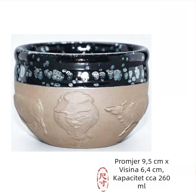 Tenmoku čajna šalica s crnom glazurom i srebrnim mrljama, tijelo od željeza, uski otvor
