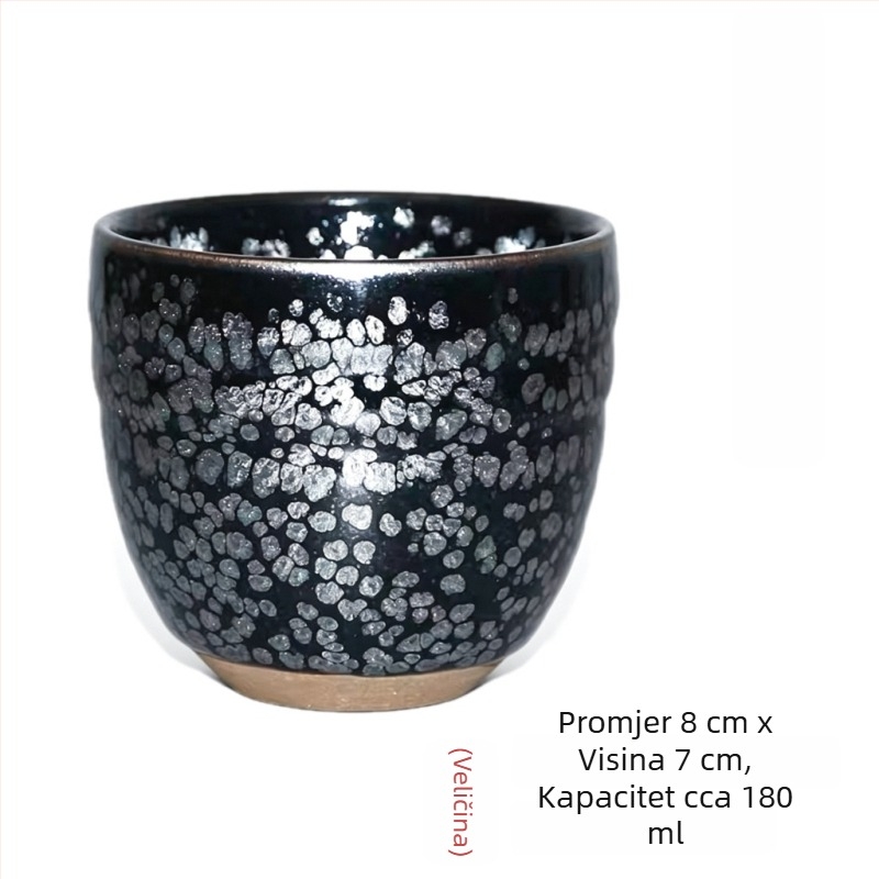 Tenmoku čajna šalica s crnom glazurom i srebrnim mrljama, tijelo od željeza, uski otvor