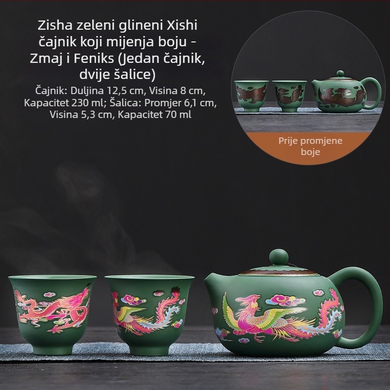Čajnik od purpurne gline Fengming s promjenom boje, motiv draka i feniksa, keramički retro stil