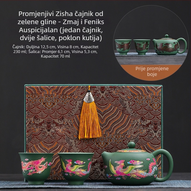 Čajnik od purpurne gline Fengming s promjenom boje, motiv draka i feniksa, keramički retro stil