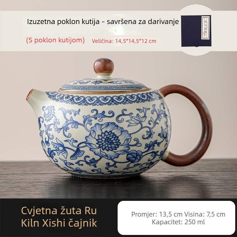 Ru Kiln čajnik s plavim i bijelim lotosom, keramički filtr s kugličnim otvorima, Kung Fu čajni set za kućnu upotrebu, šalica za jednu osobu