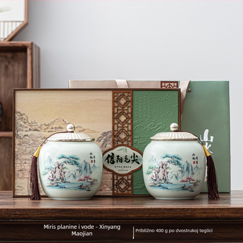 Poklon kutija čaja s Longjing i Xinyang Maojian listovima čaja, elegantno pakiranje i keramička posuda
