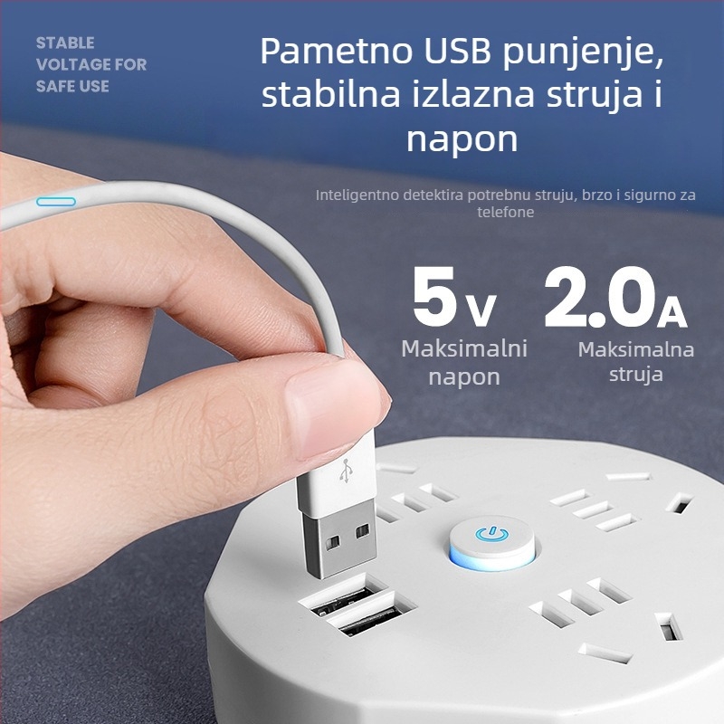USB višestruka utičnica s dugim kabelom, za kuću ili studentski dom, kompaktna i prijenosna, sigurna