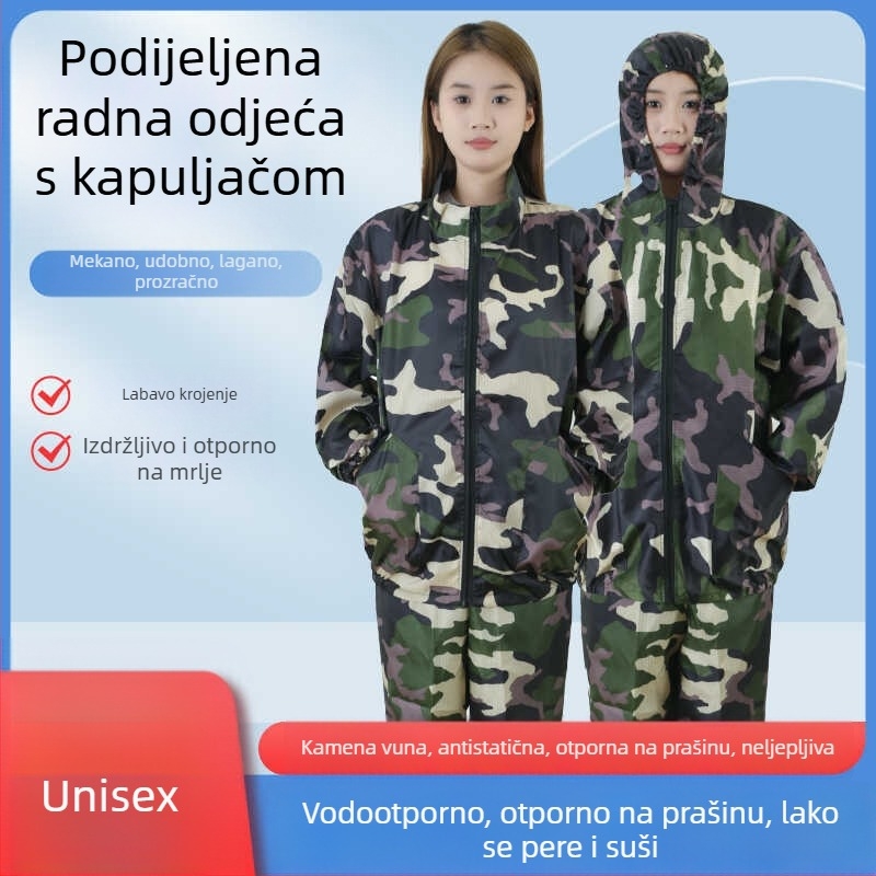 Antistatična odjeća s kapuljačom, podijeljena zaštita od prašine, tkanina rock-wool, radna odjeća za prehrambenu industriju i sprej bojenje