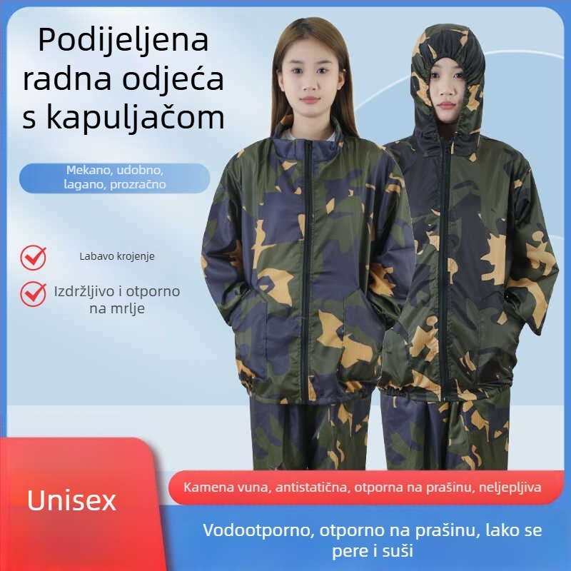 Antistatična odjeća s kapuljačom, podijeljena zaštita od prašine, tkanina rock-wool, radna odjeća za prehrambenu industriju i sprej bojenje