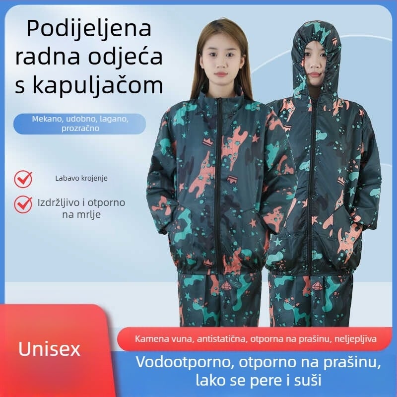 Antistatična odjeća s kapuljačom, podijeljena zaštita od prašine, tkanina rock-wool, radna odjeća za prehrambenu industriju i sprej bojenje