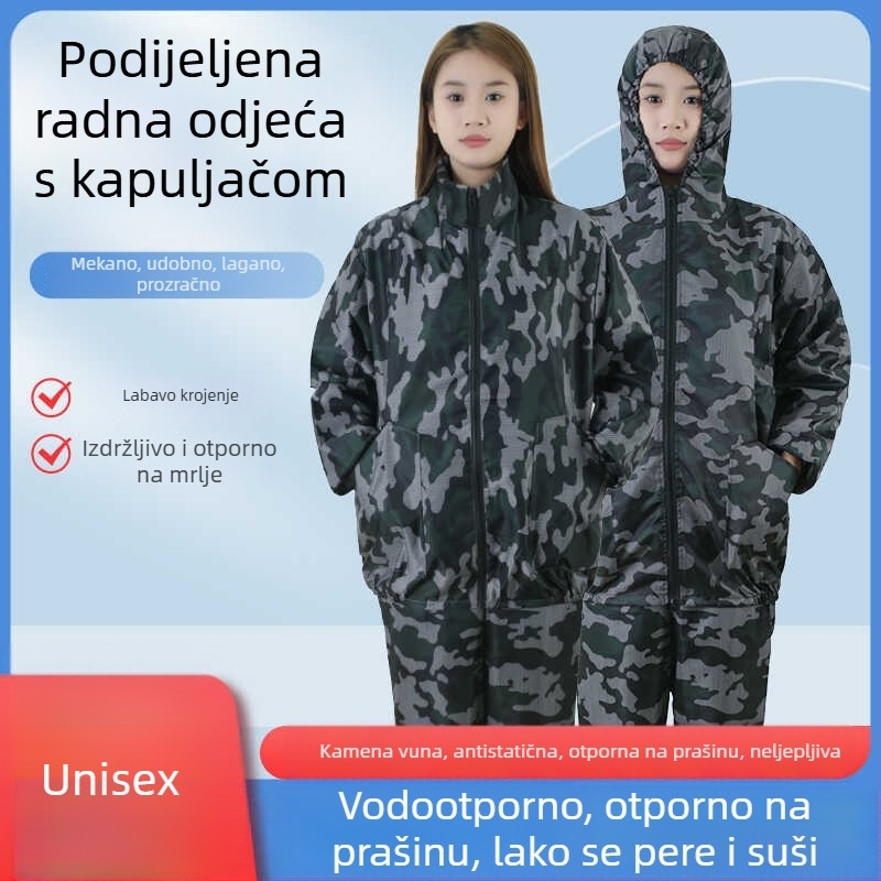 Antistatična odjeća s kapuljačom, podijeljena zaštita od prašine, tkanina rock-wool, radna odjeća za prehrambenu industriju i sprej bojenje
