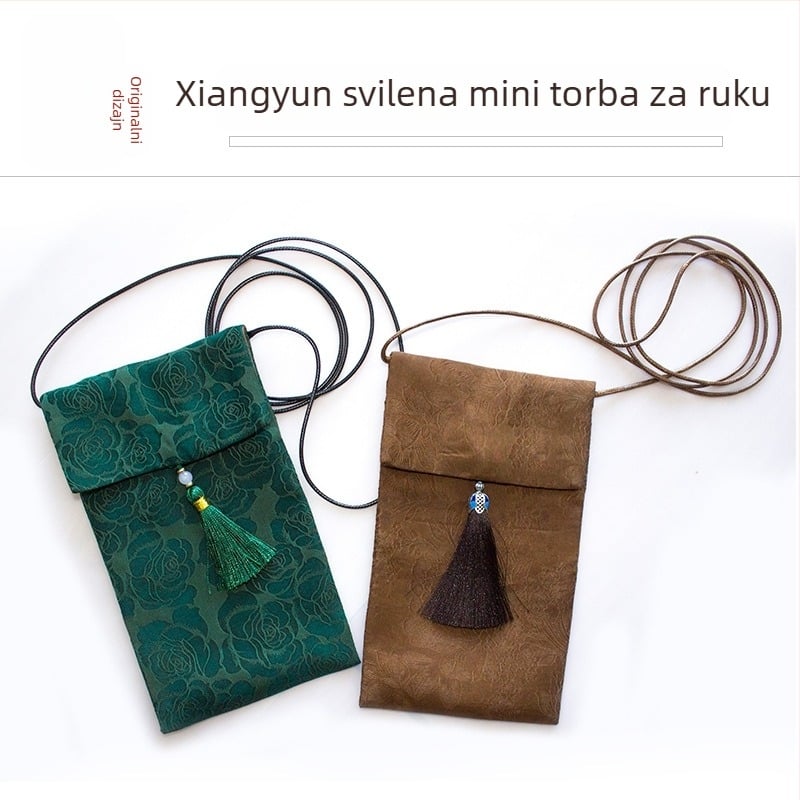 Ručna izrada mala crossbody torba od cloud-silk s resicama, torbica za mobitel, retro kineski stil, vertikalni dizajn za žene