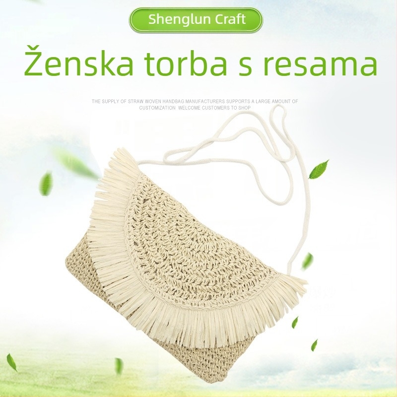 Prilagođena ženska slamena torba s resicama, ručno pletena, za nošenje preko ramena
