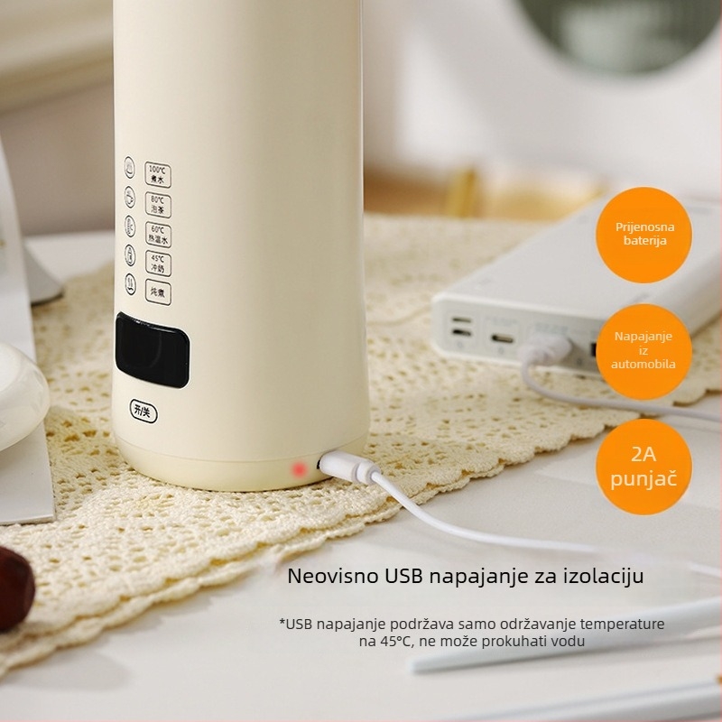Prijenosna električna šalica za vodu s regulacijom temperature i poklopcem, za putovanja
