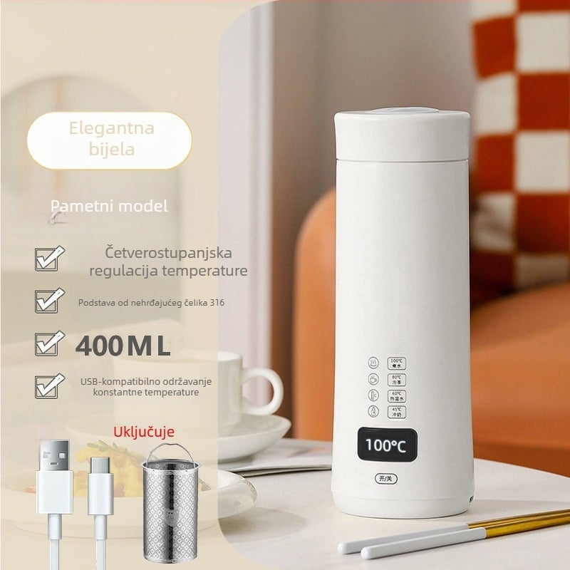 Prijenosna električna šalica za vodu s regulacijom temperature i poklopcem, za putovanja