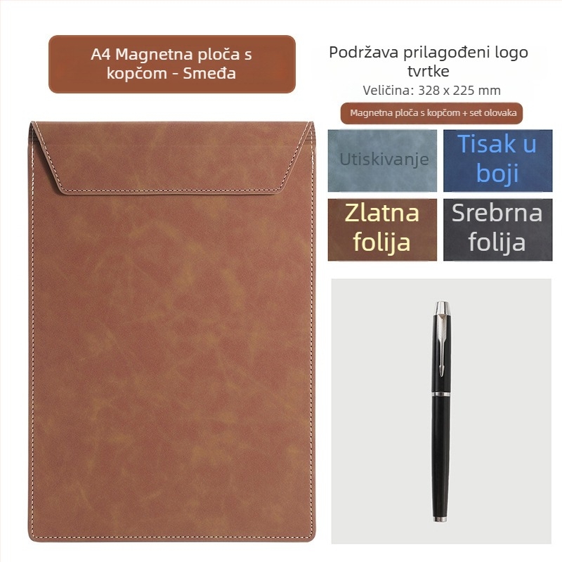 A4 kožna konferencijska mapa s klipom i pločom za pisanje, podmetačem za čašu i mogućnošću prilagodbe logotipa