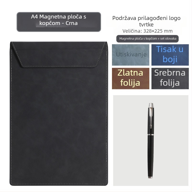 A4 kožna konferencijska mapa s klipom i pločom za pisanje, podmetačem za čašu i mogućnošću prilagodbe logotipa