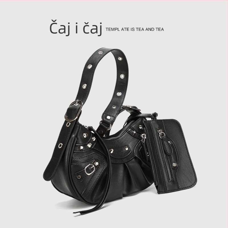 Ženska PU crossbody torba, plisirana polumjesečna forma, retro s zakovicama