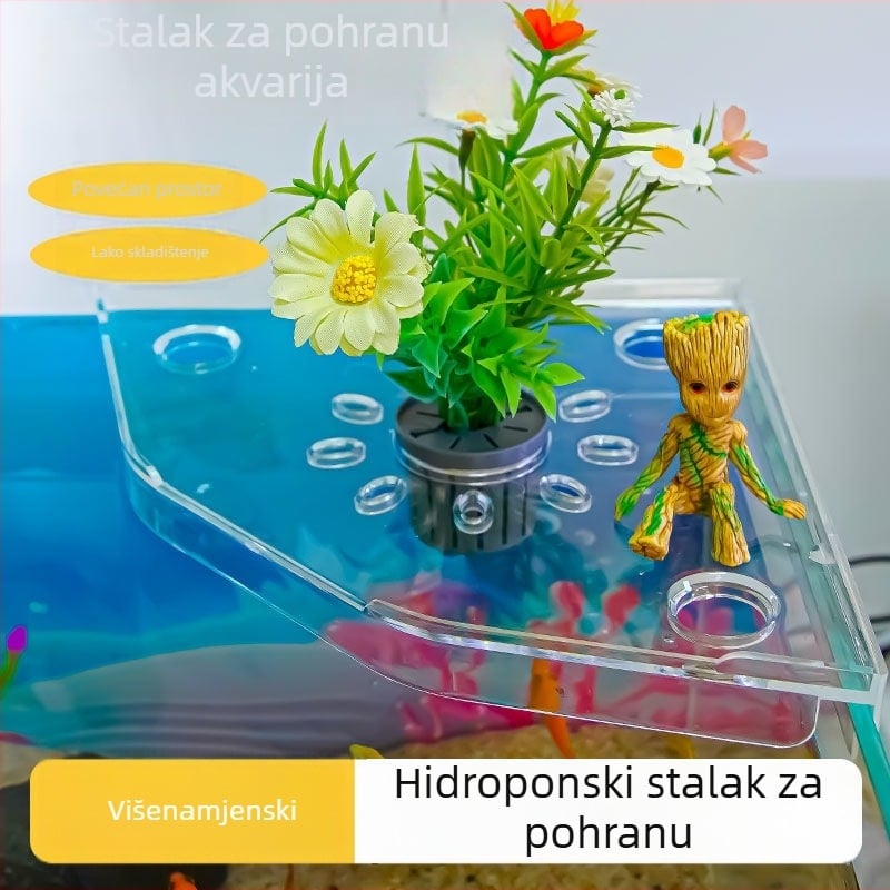 Kutni stalak za akvarij bez bušenja, organizator hrane za ribe, gornji dekorativni nosač s pladnjem za hidroponične biljke