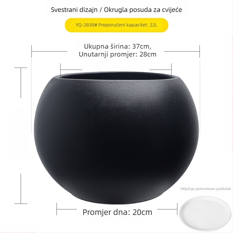 Velika sferna posuda za biljke od smole za dnevni boravak, minimalistički luksuz, crni dijamantni efekt