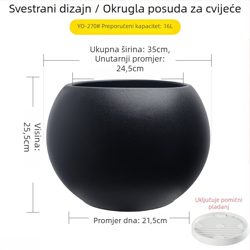 Velika sferna posuda za biljke od smole za dnevni boravak, minimalistički luksuz, crni dijamantni efekt