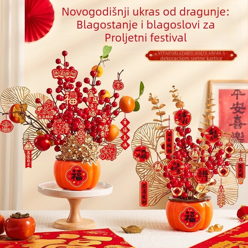 Dekor dnevnog boravka za Novu godinu: kanta sreće s ukrasom prosperiteta