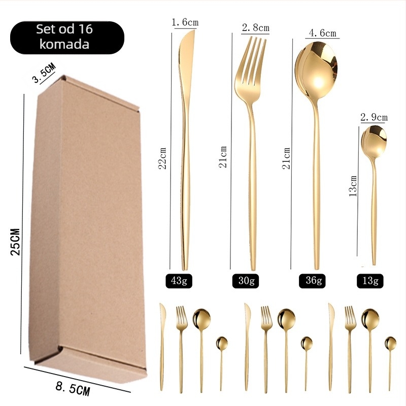 Set pribora od nehrđajućeg čelika u portugalskom stilu, nordijski/zapadni dizajn; nož, vilica, žlica i desertna žlica, mogućnost prilagođavanja logotipa.