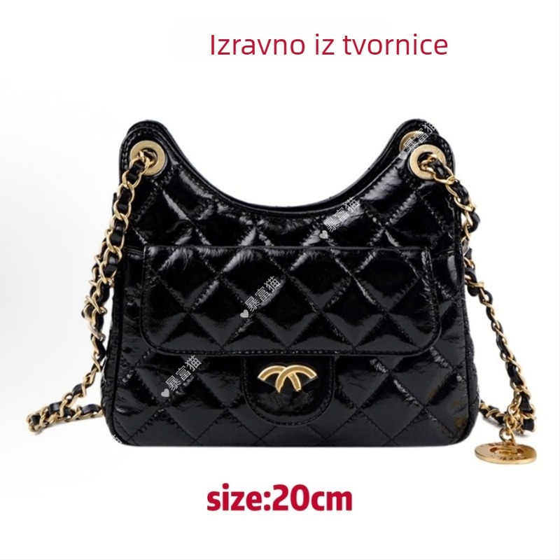 Torba hobo od prave kože s quiltanim uzorkom i lančanim remenom, crossbody, srednje veličine