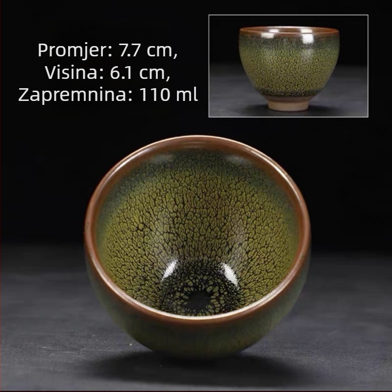 Jianyang čajna šalica s čeličnim tijelom, uzorak zelene prepelice, Zhang Guoping – set u poklon kutiji