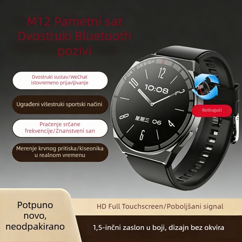 M12 višefunkcionalni Bluetooth pametni sat s praćenjem fitness i bežičnim pozivima, prilagodljiv dizajn