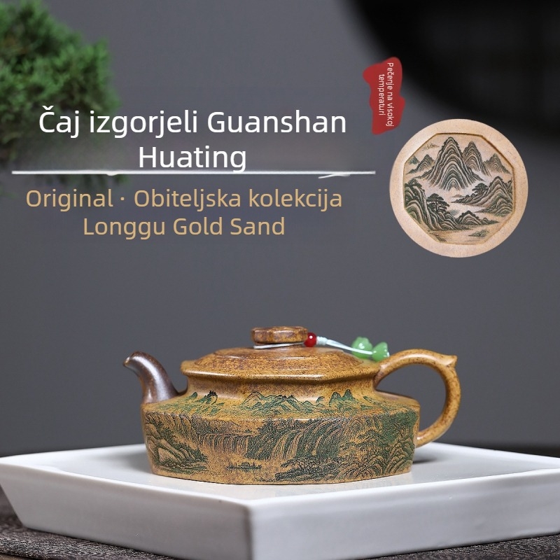 Yixing čajnik od purpurne pijeska gline, Dragon Bone Gold Sand, ručna izrada, pečenje na visokoj temperaturi, gravura Guanshan, Huating stil