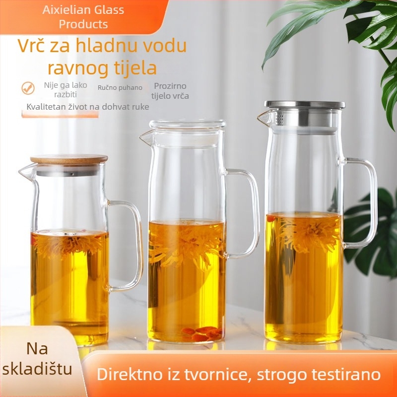 Staklena čajna kanvica u japanskom stilu s bambusnim poklopom, veliki kapacitet, ravno tijelo, prozirno