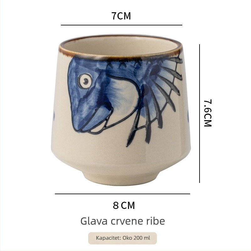Porcelanska šalica u japanskom stilu, ručno oslikana pod glazurom, ravnim oblikom, pogodna za čaj, doručak ili juhu