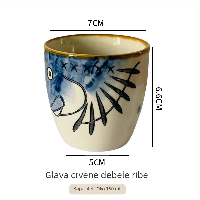 Porcelanska šalica u japanskom stilu, ručno oslikana pod glazurom, ravnim oblikom, pogodna za čaj, doručak ili juhu