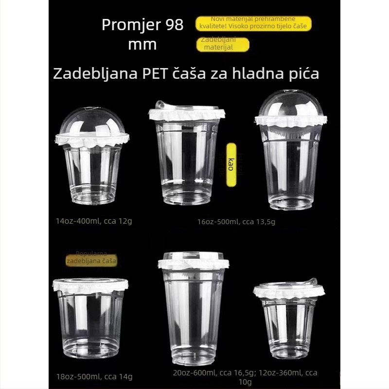 Plastična čaša za čaj s mlijekom i poklopcem, promjer 98 mm, debela i visoko prozirna, za hladna pića