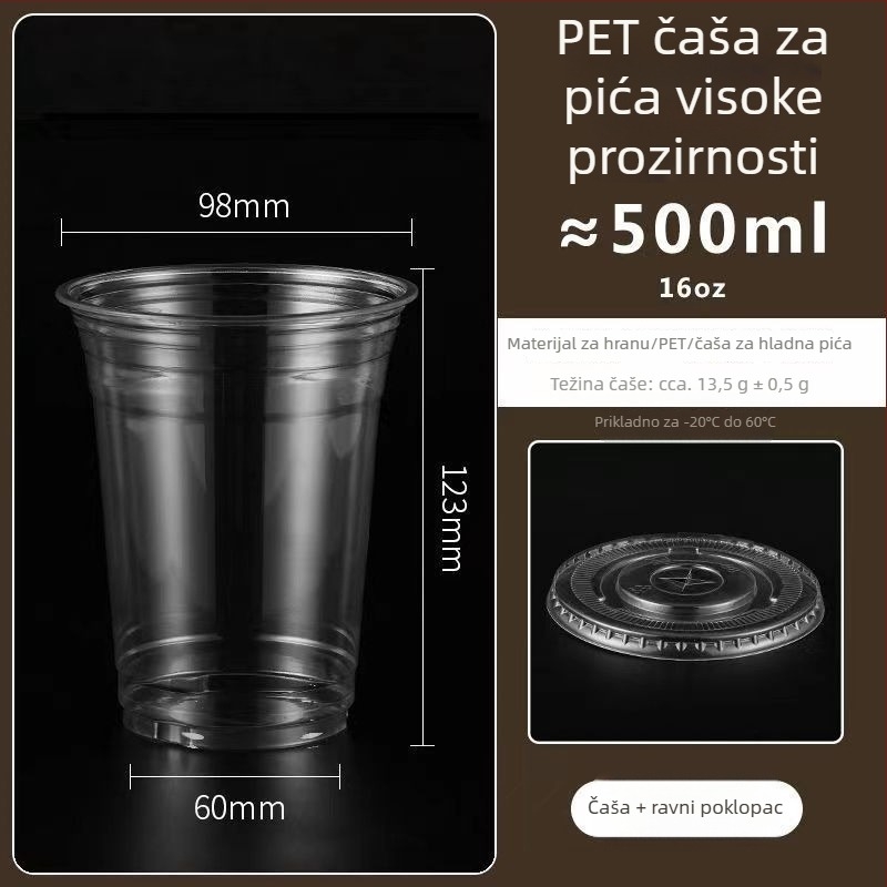 Plastična čaša za čaj s mlijekom i poklopcem, promjer 98 mm, debela i visoko prozirna, za hladna pića