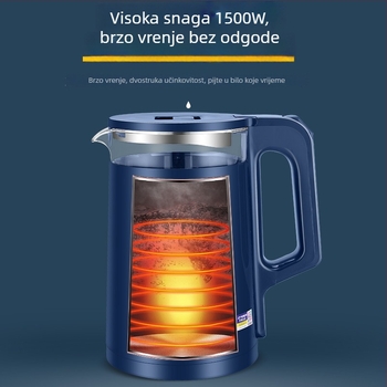 Stakleni električni čajnik, 2,5 L, dvostruka stijenka, proziran, automatsko isključivanje, održavanje topline, 1500 W, baza 360°, kućište od prehrambene PP plastike