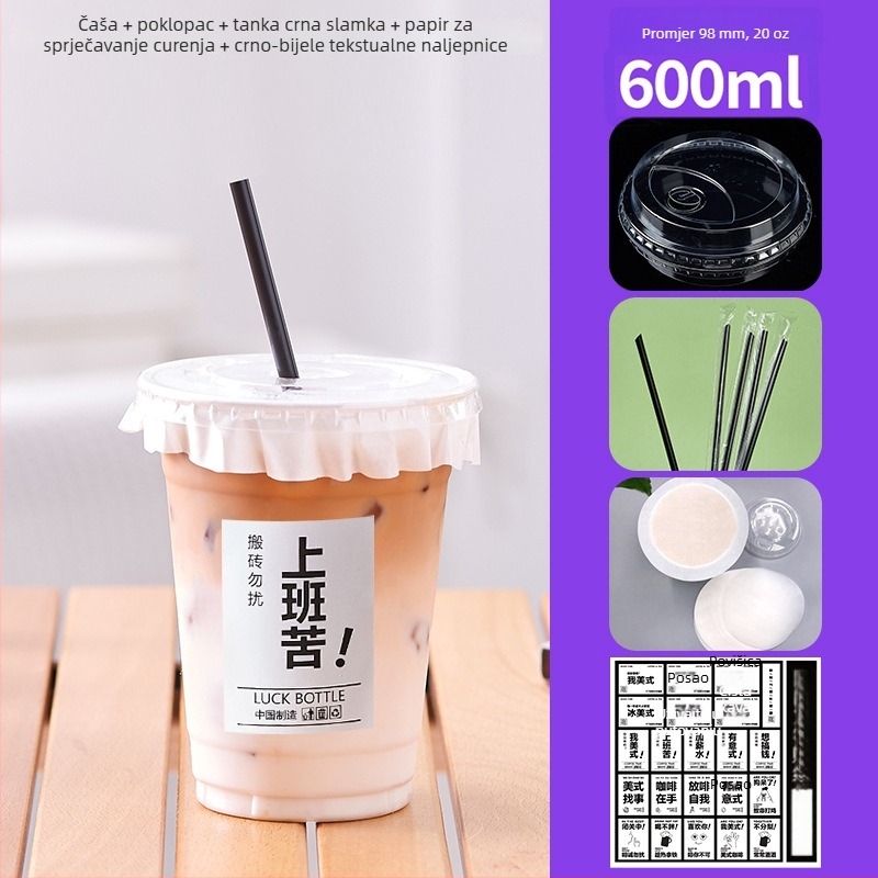 600 ml PET plastična čaša s poklopcem za hladna pića (mlijeko-čaj i kava), jednokratna upotreba, promjer 98 mm