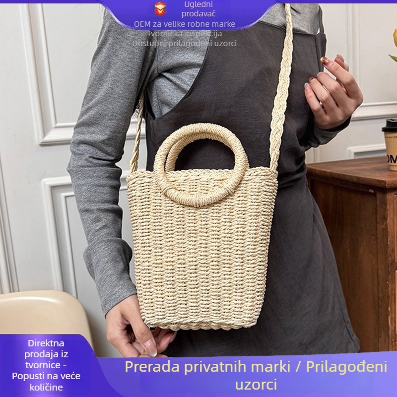 Ženska torba s mašnicom od papirnate vrpce, kvadratnog oblika, pletena od trave – casual plažna torba