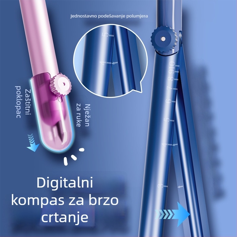 Kružni sat s digitalnim zaslonom i ugrađenim ravnalom — sve u jednom za učenike, geometrijski komplet s zamjenjivim grafitnim olovkama