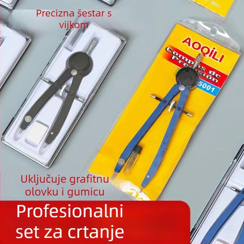 Precizan šestar s vijčanim podešavanjem u metalnoj kutiji za inženjersko crtanje i studentske ispite