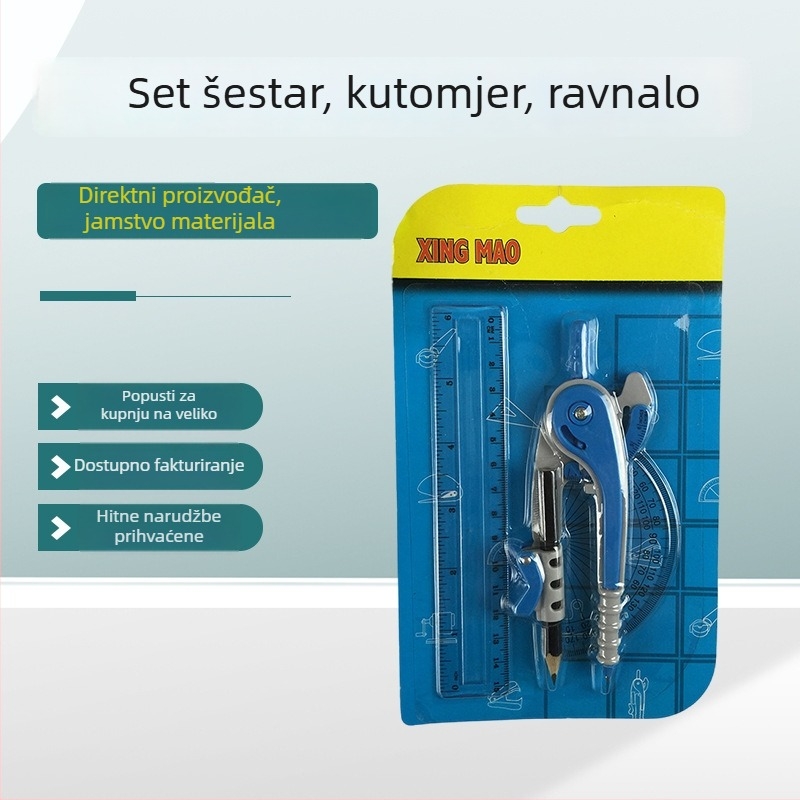 Plastični set kružilo s kutomjerom i ravnalom za učenike, 3-dijelni set za crtanje