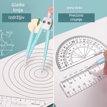 Set kružilo i ravnalo za osnovnoškolce – dvostrani klip za olovku, kutija za kružilo i set alata za crtanje