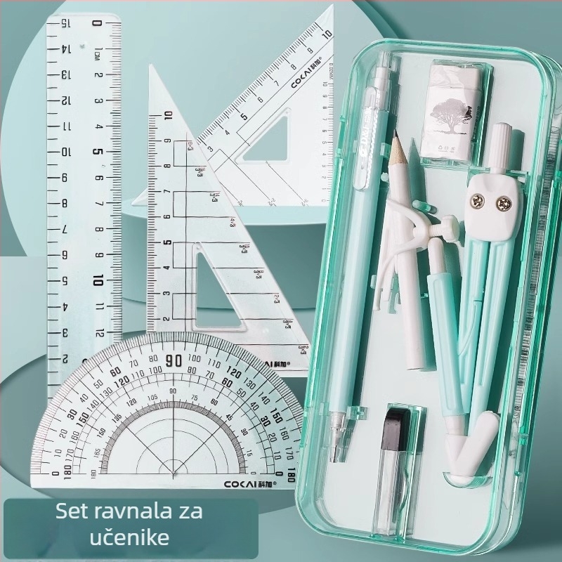 Set kružilo i ravnalo za osnovnoškolce – dvostrani klip za olovku, kutija za kružilo i set alata za crtanje