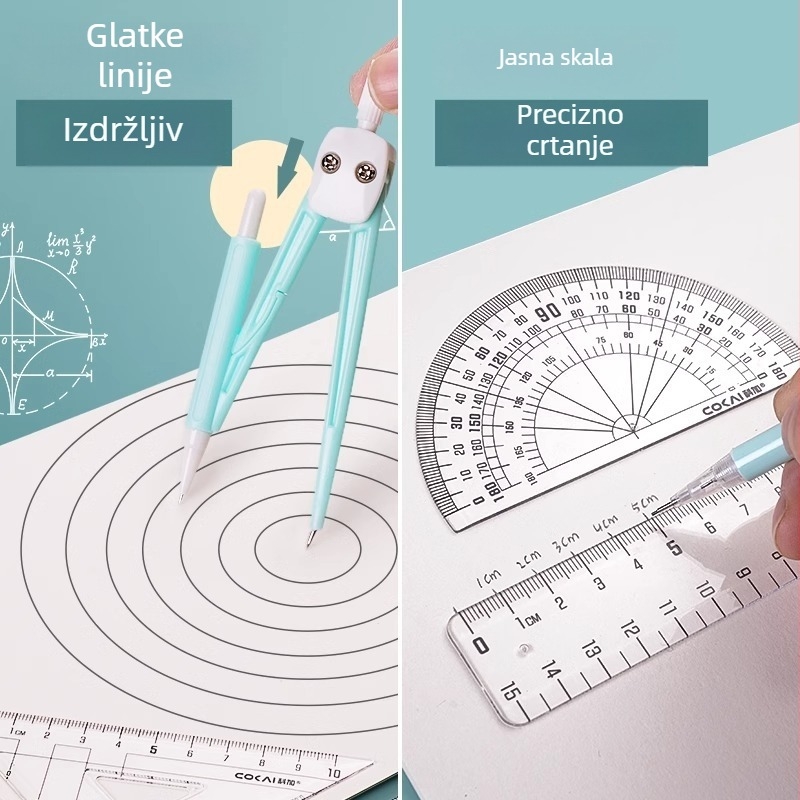 Set kružilo i ravnalo za osnovnoškolce – dvostrani klip za olovku, kutija za kružilo i set alata za crtanje